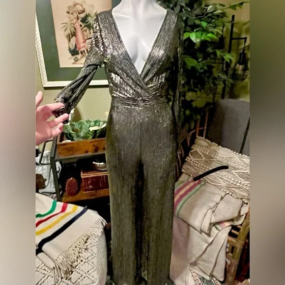 Anthropology Uptown Jumpsuit Elegant Silver Jumpsuit - Picture 2 of 9